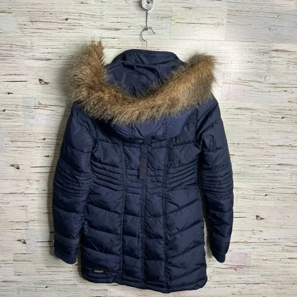 Navy Khujo Winter Parka Jacket size small blue puffer faux fur - Picture 6 of 9